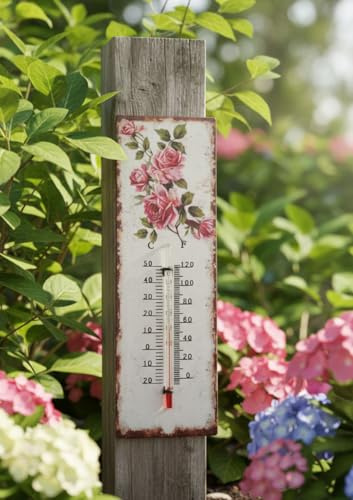 LB H&F Thermometer Rosen analoges Gartenthermometer Rose Metall - 25 cm gross - Blechschild Antik Design