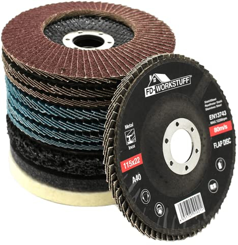 Set di dischi lamellari e lucidatura, 11 pezzi, Ø 115 mm, 4 dischi blu (Inox), 4 x marrone (standard), grana 40/60/80/120, 1 x disco di pulizia grossolana, 2 x dischi di lucidatura (feltro/nylon)