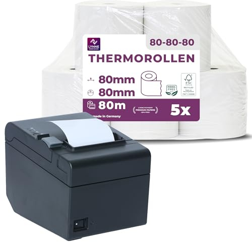 LYNNE - Rotoli Cassa 80x80 Termica Fiscale - Rotolini carta termica 80x80x12 - Rotolo per stampante registratore di cassa fiscale 80mm x 80m x 12mm - [5x]