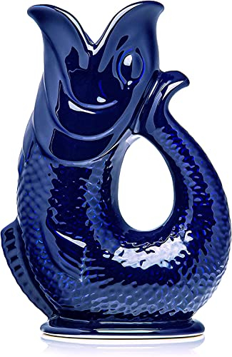 Carafe Glouglou Poisson Bubble Jug, Vase Pichet Bleu Cobalt Foncé, Très Grand Pichet 1,5 Litre, Pièce Décoration Maison en Céramique pour les Cocktails, l'Eau et le Gin
