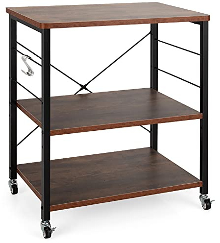 COSTWAY Carrello da Cucina con 10 Ganci Rimovibili, Scaffale per Pasticceria con 3 Livelli, Scaffale con Struttura di Metallo con Ruote Bloccabili per Bar Ristorante Hotel, 60 x 40 x 73,5 cm (Marrone)