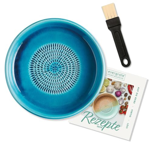 evergrate Keramikreibe Dipschale im Motiv Türkis mit Küchenpinsel und Rezeptheft