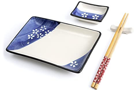 lachineuse - Service à Sushi Japonais - Assiettes, Baguettes & Sauciers pour 1 Personne - Coloris Blanc & Bleu - En Porcelaine - Motif Fleurs Sakura - Coffret Idée Cadeau Japon - Vaisselle Japonaise