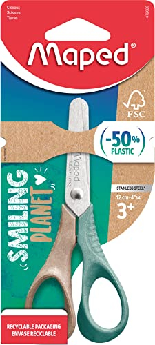 Maped - die nachhaltige Schere SMILING PLANET VIVO 12 cm - Griffe aus Holzfaserverbund-Kunststoff aus FSC zertifiziertem Material - Klingen aus rostfreiem Stahl - 3D geformte Griff-Ringe