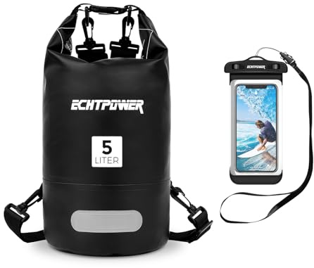 ECHTPower Mochila Impermeable 20L, Bolsa Estanca Impermeable con Funda de Móvil, 100% Impermeable con Doble Correa, Bolsa Seca para Paddle Surf, Playa, Kayak, Senderismo, Camping, Esquí, Pesca