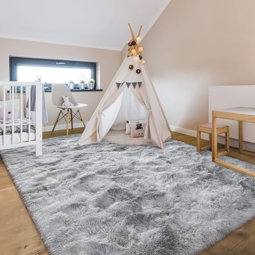 Cinknots Teppich Wohnzimmer Groß Hochflor,Teppich Schlafzimmer Waschbar rutschfest,Flauschiger Teppiche Innen Carpet Passend für Kinderzimmer Küche(Grau Weiß,80x120cm)