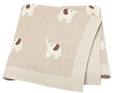 LAWKUL 100% Cotton Knitted Baby Blankets for Newborn Boy Girl | Elephant Pattern Soft Breathable Blanket for Pram/Mose Basket(90x70cm)