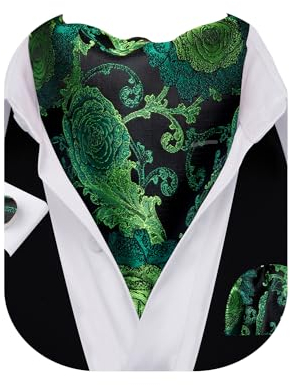 Barry.Wang Herren-Krawatten-Set mit Paisleymuster, einfarbig, Seide, Ascot-Krawatte und Einstecktuch, Manschettenknöpfe, Party, klassisch, Blumenmuster, Hochzeit, Business, Grün/Blumen, Einheitsgröße