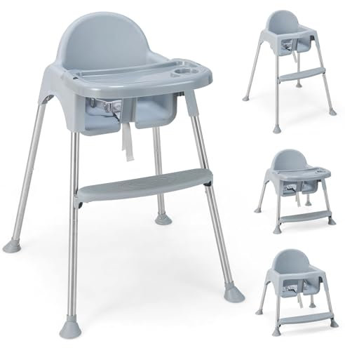 COSTWAY 4 in 1 Babyhochstuhl aus PP & Edelstahl, Hochstuhl umwandelbar mit abnehmbarem Doppeltablett, 3-Punkt-Sicherheitsgurt, Babystuhl Kombihochstuhl für 6-36 Monaten Baby (Grau)