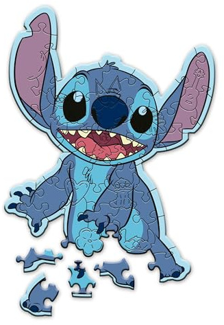Trefl – Figurskuret Träpussel: Disney, Lilo & Stitch: Stitch – 50 bitar, Wood Craft Junior, Oregelbundna pusselbitar, 10 figurer, modernt pussel, underhållning för barn över 5 år