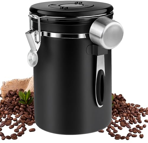 Nizirioo Barattolo per caffè ermetico in acciaio inox, da 1,8 l, con cucchiaio, contenitore per caffè con indicazione della data, per chicchi di caffè, colore nero