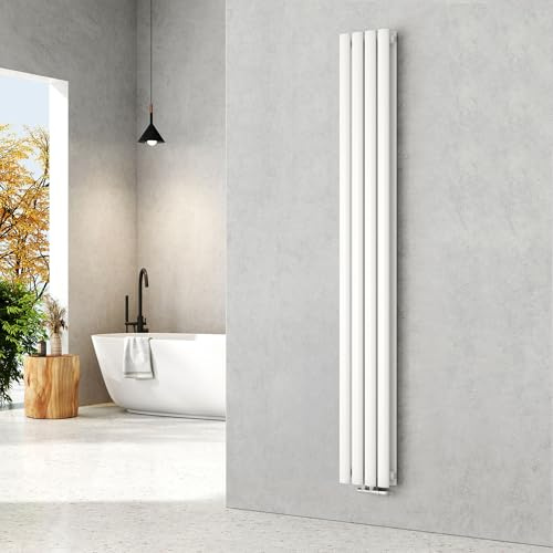 EMKE Ovaler Design Heizkörper 1800x240mm, Schmal Hoch Röhrenheizkörper mit Mittelanschluss Doppellagig Heizung Weiß 868 Watt