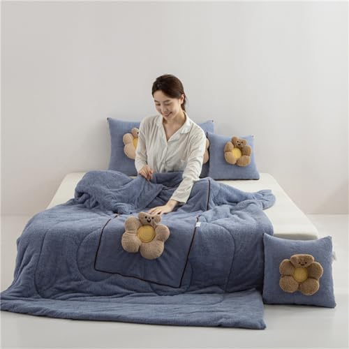 Hixingo Reisedecke und Kissen 2 in 1, Reisedecke mit Kissen Set Multifunktionale Reise Decke und Kissen 2 in 1 Weichem Flugzeug Verwandlungskissen für Urlaub, Camping (40 * 40cm,Bär-Blau)