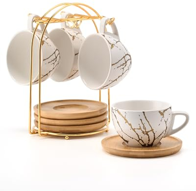 HOME DECOR Set di 4 tazze da cappuccino in ceramica da 220 ml, impilabili e piattino con supporto in metallo, per amanti del caffè, cappuccino, latte, americano e tè, bianco dorato