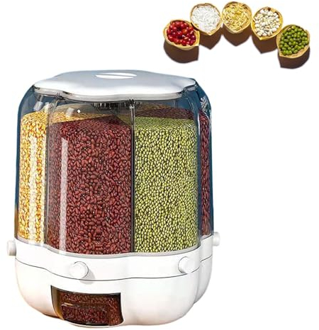 Rice Bucket - 6 Grid Rotating Dry Food Dispenser with Rotating Design, Transparent Cereal Dispenser, Large Capacity Grain Container, Airtight Rice Holder Container, Rice Dispenser for Countertop