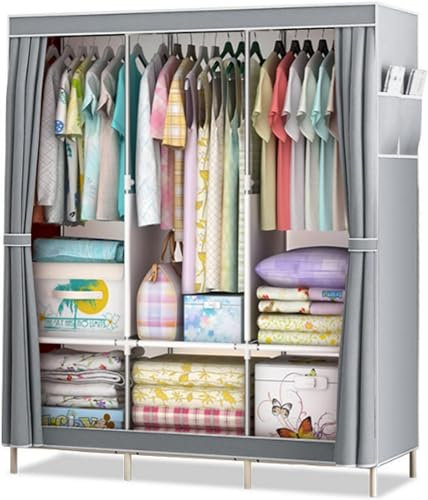 LAMEDOAT Tragbarer Kleiderschrank, Canvas-Kleiderschrank, Faltbarer Kleiderschrank-Aufbewahrungs-Organizer mit Kleiderstange, Regalen, Seitentaschen, Stoffgarderobe für Kleidung, Taschen, Grau, 125 x