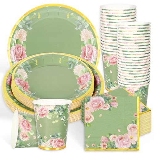 Whaline 120 Pcs Sage Green Flower Bridal Shower Plates Napkins Set for 24 Guests 24 9 Dinner Plates 24 7 Dessert Plate 24 9oz Cups 48 Luncheon Napkins for Bridal Shower Wedding Tea Party Supplies