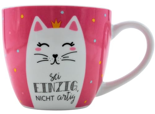Maxi-XXL Kaffeebecher/Tasse aus Porzellan, XXL Kaffeepot, Motiv: Katze Sei einzig, nicht artig, Größe H/Ø: 9,2 x 10,5 cm, Fassungsvermögen 400 ml, Spülmaschinengeeignet.