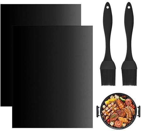 2 Pezzi Resistenti Temperatura Alta Antiaderente BBQ Tappetini, Riutilizzabile Nero Cucina Grill Mat con 2 Pennelli al Silicone, Universale Forni Protezione Tappetino per Maggior Parte Fornelli