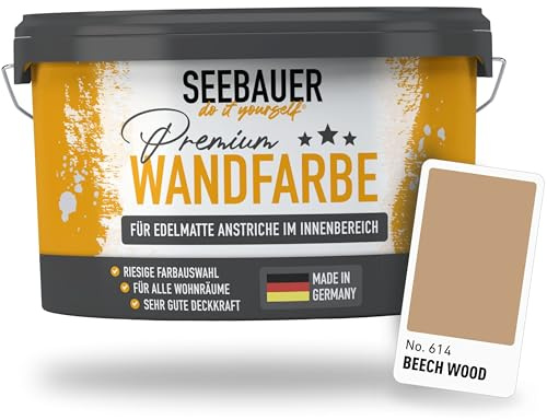 SEEBAUER diy Wandfarbe Braun 5L für Innen (No. 614 Beech Wood) Edelmatte braune Innenfarbe - Brauntöne sehr hohe Deckkraft - Matt, Abwaschbar und Tropffrei