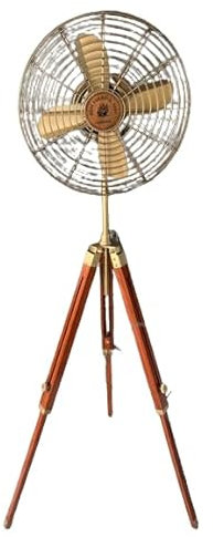 Trípode de madera ajustable hecho a mano color marrón antiguo ventilador de pie | Ventilador de pedestal de estilo vintage | Ventilador eléctrico de alta velocidad con cable | Rendimiento suave