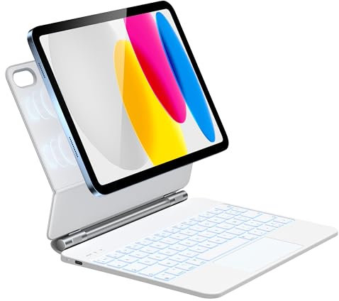HOU Clavier iPad 10 eme/11 eme Generation(2022,2025 A16),avec Multi-Touch Trackpad, Rechargeable, Rétroéclairage 7 Couleurs, Clavier Bluetooth pour iPad 10eme Génération 2022 10,9 Pouces, AZERTY,Blanc
