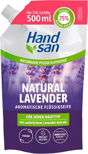 Hand san Flüssigseife Natural Lavender im Nachfüllbeutel 500 ml, mit natürlichem Lavendelöl, Händewaschen & Gesichtsreinigung, Rezeptur ohne Mikroplastik, pH-hautneutral, vegan (Packung mit 5)