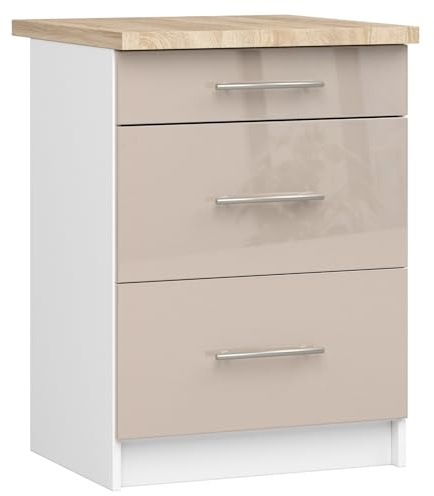 AKORD | Küchenschrank mit Arbeitsplatte - Oliwia S60 | Küchenunterschrank mit 3 Schubladen | Unterschrank Küche 60 cm Breit | ABS-Kante 18 mm | 46 x 60 x 85 cm | Weiß & Cappuccino Glanz