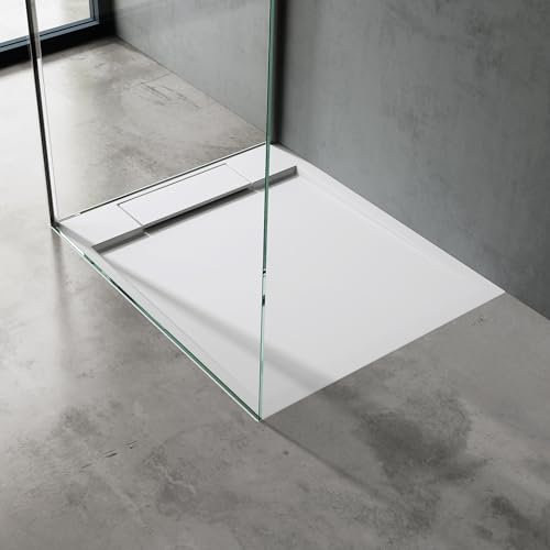 doporro Receveur de Douche Design Ultra Plat 4 cm Bac à Douche Rectangulaire en Solid Surface Blanc Mat Geoma04 70x90x4 cm