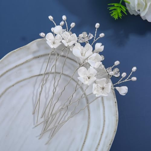 Handmade Bridal Wedding Hair Pins 5Pcs White Flower Zircon Pearl Hair Clips Silver Bridal Hair Accessories for Women Girls Brides Bridesmaid