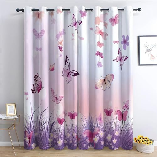 Vorhang Blickdicht Lila Schmetterling Vorhänge Mädchen Gardinen Wohnzimmer Schlafzimmer Verdunklungsvorhänge Thermovorhang 3D Druck Schallschutz Vorhang mit Ösen 2er set B 140 x H 175 cm a.1337