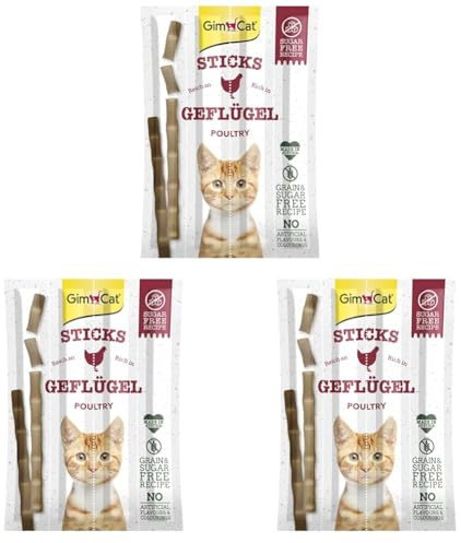 GimCat Sticks Volaille - Bâtonnets Moelleux à mâcher avec Un pourcentage élevé de Viande et sans Sucre ajouté - 3 Paquets (1 à 4 bâtonnets)