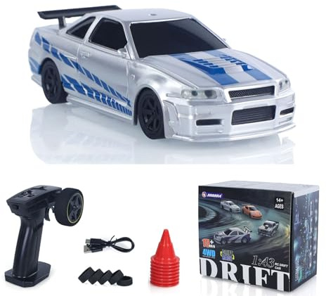 wheelfun 1/43 R34 High-Speed RC Drift Car with All-Wheel Drive 2.4 GHz Radio Control Motor Electronic Speed Controller ESC Servo Motor Lighting Battery Ready to Use Mini Toy Vehicle Gift