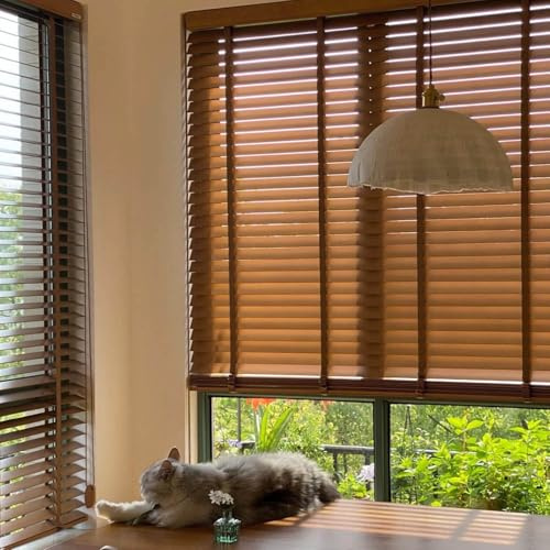 Tende Veneziane in Legno, 60cm 70cm 80cm 100cm 115cm 120cm 140cm 155cm, Veneziane da Interno Tende Veneziana Legno Lamelle da 25mm Privacy Protezione Solare Persiane per Casa Ufficio(Light Brown)