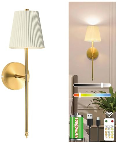 TRIJZHOU Battery Operated Wall Lights, 10000mAh Large Battery Operated, 3 Color Temperatures Dimmable, Wireless Wall Lights Wall Lamp for Bedroom Living Room, 1-Pack, Gold