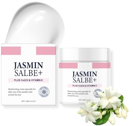 Jasminsalbe Augencreme Gegen Falten und Augenringe 100g, Straffende Augencreme mit Vitamin E & Collagen, Anti Aging Jasmin Salbe Augen Gegen Tränensäcke & Schlupflider, Feuchtigkeits Augensalbe