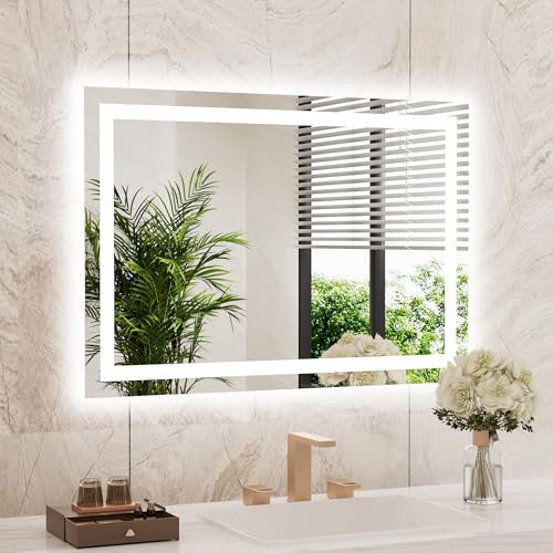 WEER Badspiegel mit Beleuchtung 70x100cm, Dimmbar, Antibeschlag, Memory | Splitterfest 4mm Float Hartglas, Touch-Schalter, 3 Lichtfarben, Stufenlos Dimmbar, Rechteckiger Wandspiegel, IP44, Bad, Flur