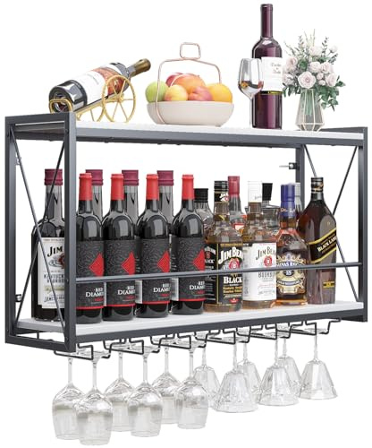 Dokser Wine Rack Wall Mounted Shelf - 2 Tier, Rustic Wood & Industrial Iron Frame Wine Bottle Holder for Kitchen, Dining Room, Home Bar Decor (White)