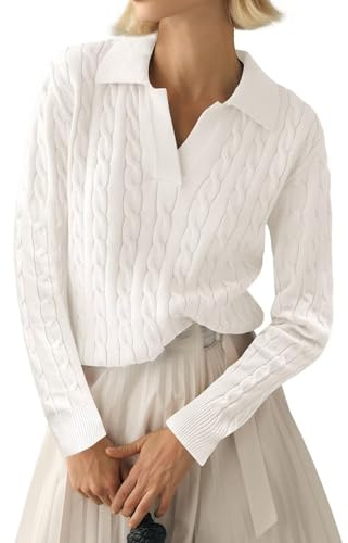 LACOZY Womens Lightweight Long Sleeve Collared Neck Sweater Shirts Casual Cable Knit Pullover Tops 2025 White M