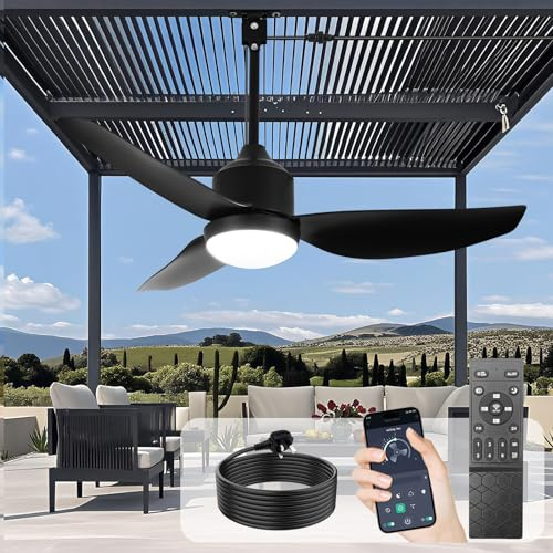 Depuley Outdoor Ceiling Fan with Light: 42 Black Hanging Fan for Gazebo Waterproof - Plug in Outdoor Fans for Patio Porch Pergola with APP Remote Control Reversible DC Motor
