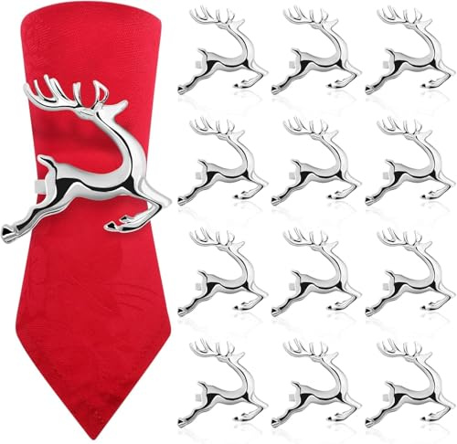 12 Stück Serviettenringe Weihnachten, Rentier Serviettenringe Silber, Metall Serviettenring für Tischdekoration bei Weihnachtsfeiern & Abendessen