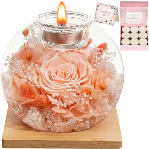 Eternal Preserved Real Rose, Glass Dome Gift Set with 18 Scented Candles (9 Rose,9 Bergamot), Mother's Day Valentine Christmas Birthday Gift for Women Mom Girlfriend Wife Home Decor (Champagne)