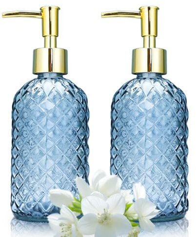 2 Pack Glass Soap Dispenser, 400ml Glass Soap Dispenser Bottle with Pump, Refillable Liquid Hand Jar Dispenser for Bathroom, Countertop, Kitchen, Laundry Room