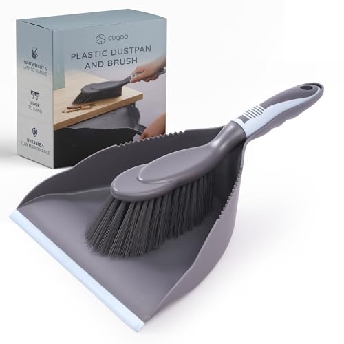 CUQOO Set di paletta e spazzola in plastica, spazzola compatta e paletta per la pulizia della casa, con impugnatura facile, setole rigide e bordo ondulato