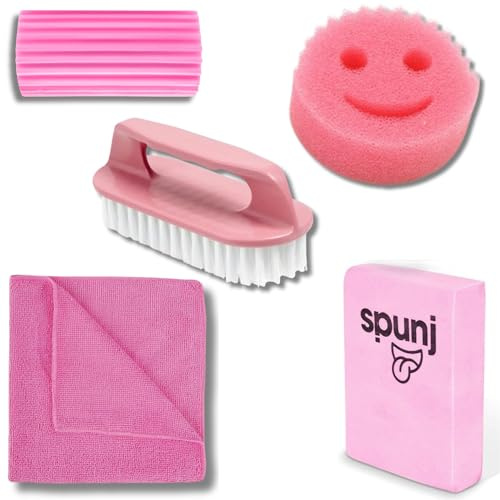 The Pink Cleaning Bundle – Spunj, Microfibre, Brush, Damp Duster & Smiley Face Sponge Set