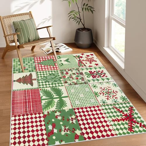 dyausi Tapis Plaid Patchwork - Tapis Salon 120x170 cm Noël Xmas, Tapis de Porte Lavable Vert Carpet pour Chambre, Moquette Antidérapant à Poils Ras, Paillasson Décor à La Maison J367