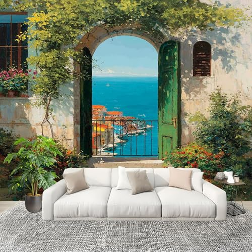 Genérico Decoración del hogar Fotomural 200x140cm Vista Desde La Ventana Al Mar Papel Pintado Panorámico ExtraíBle Para Despegar Y Pegar Verde Para salón Dormitorios,Comedores HD Papel Tapiz