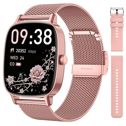 Smart Watches for Women, Answer/Make Call, 1.85'' HD Screen Fitness watch with Heart Rate/Sleep/SpO2 Monitor, Smart watch for iPhone/Android, 120+Sport Mode, IP68 waterproof - Two Straps, Rose Gold