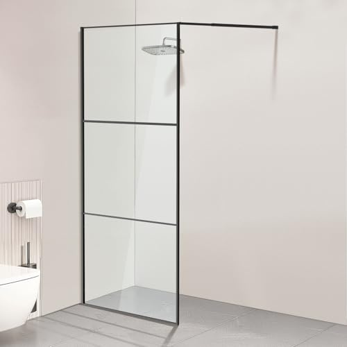 Jaxguom Walk-In Duschwand 100×200 cm Schwarz, 5 mm ESG Sicherheitsglas mit Aluminium-Vollrahmen, 0–10 mm Verstellbereich, links/rechts montierbare Duschabtrennung