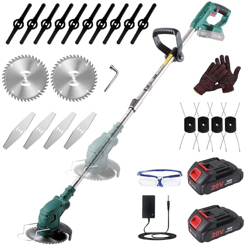POSENPRO Desbrozadora a batería, Desbrozadora Electrica 20V, Cortacésped de batería inalámbrico, Equipada con 2 baterías y 4 Cuchillas, Mango Telescópico 86-122 cm